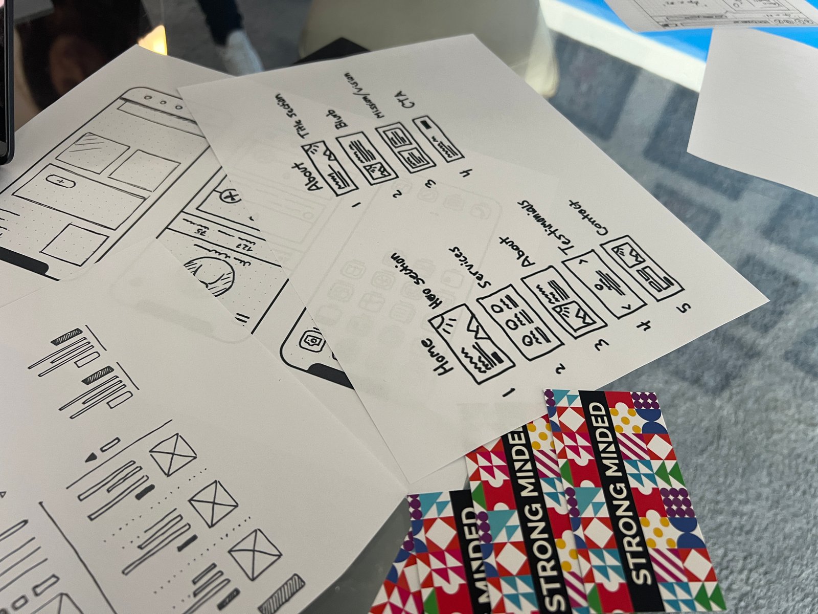 Hand-drawn website wireframes with Strong Minded brand stickers